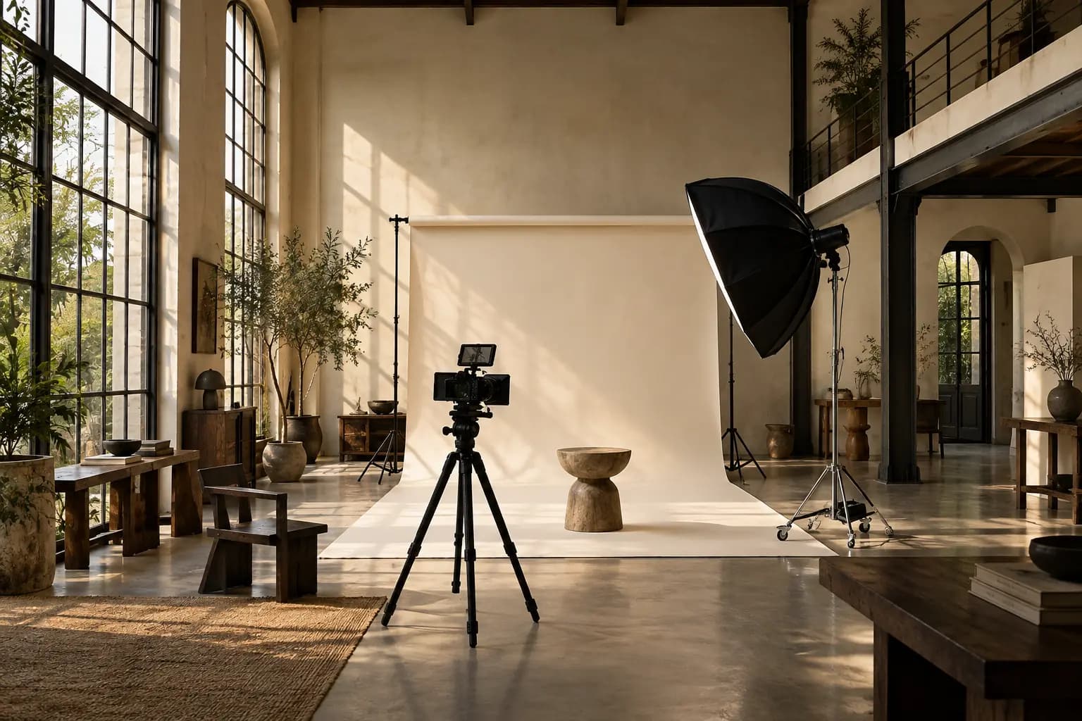 A sunlit creator studio with a camera on a tripod facing an empty backdrop