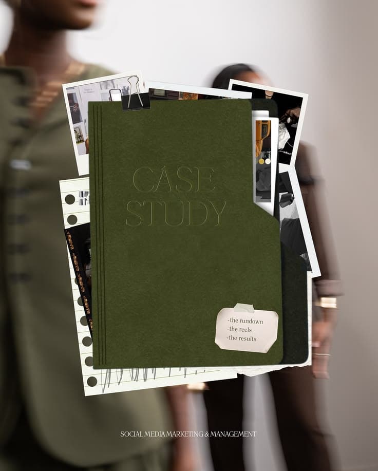 A case-study booklet surrounded by printed photos